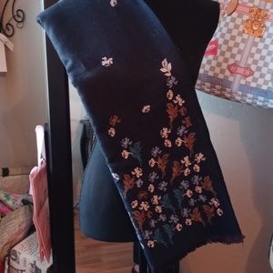 Navy Blue Scarf with Embroidered Flowers